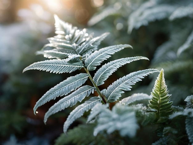 una planta con helada y el sol brillando