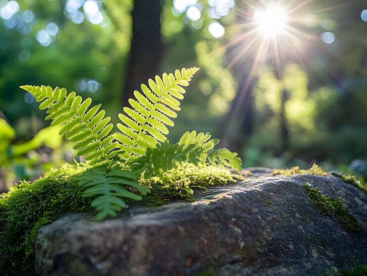 Planta de helecho que crece entre las rocas de musgo en el bosque generada por la IA