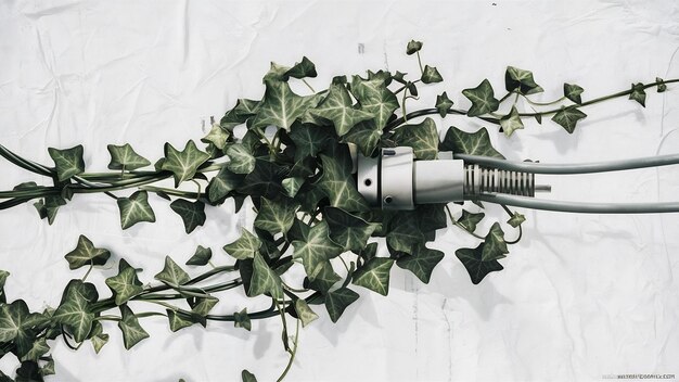 Foto planta de hiedra colgada en un alambre eléctrico aislado sobre un fondo blanco