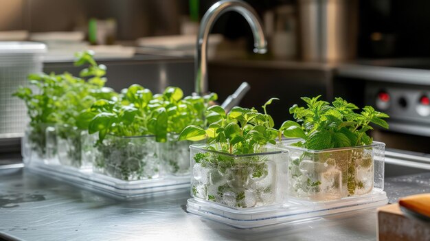 Planta de hielo en el entorno de fondo de la cocina de paquetes transparentes