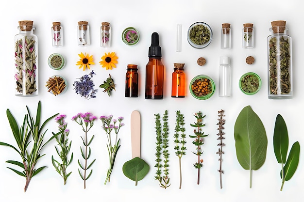 Planta de hierbas y aceites esenciales para el cuidado natural de la piel y el bienestar