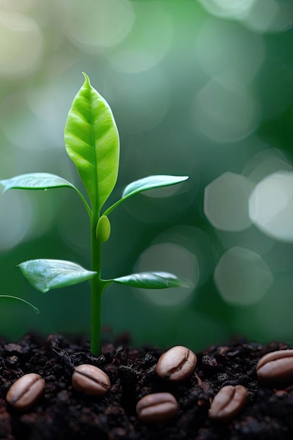 Una planta con una hoja verde crece en el suelo con granos de café en el fondo.