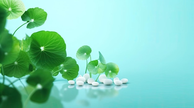 Una planta de hoja verde con hojas y gotas de agua sobre un fondo azul.