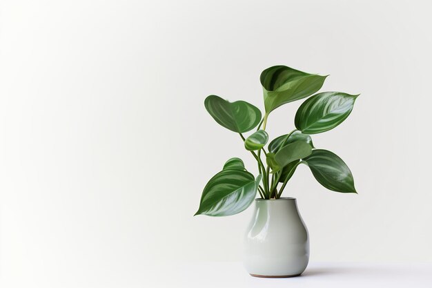 planta de hoja verde en un jarrón con fondo blanco