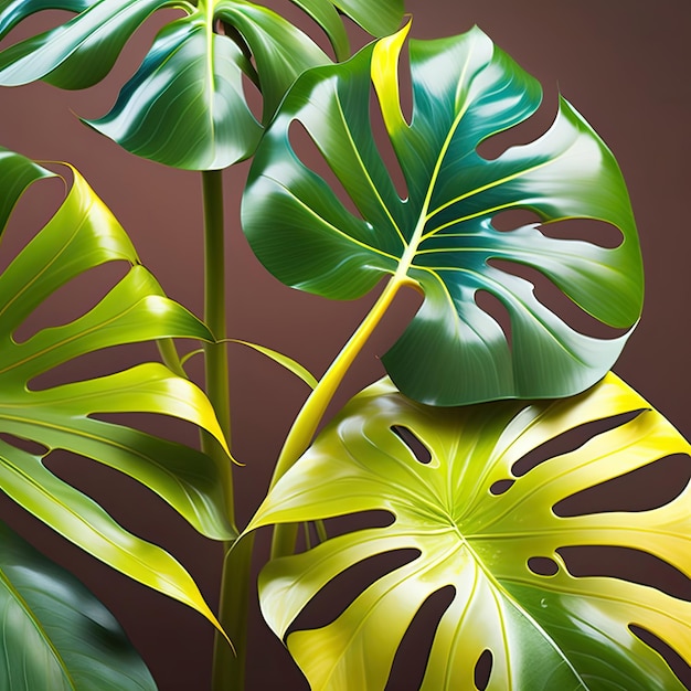 una planta con hojas amarillas y verdes y un fondo marrón.