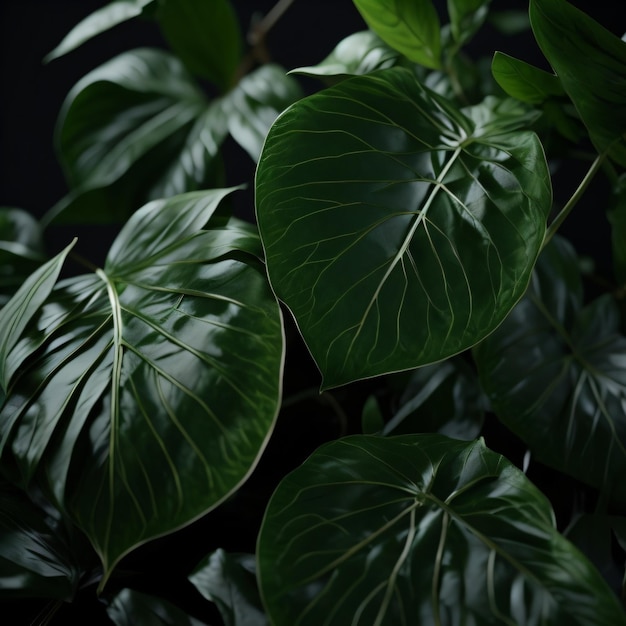 Una planta con hojas grandes y un fondo oscuro.