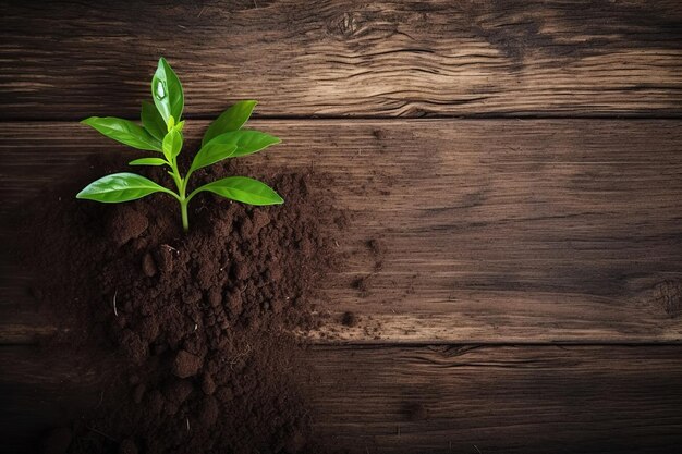 Planta hojas trasplante pequeño árbol raíces del suelo fondo de madera copia espacio espacio para t
