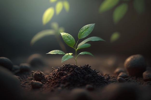 Una planta con hojas verdes brotando del suelo.