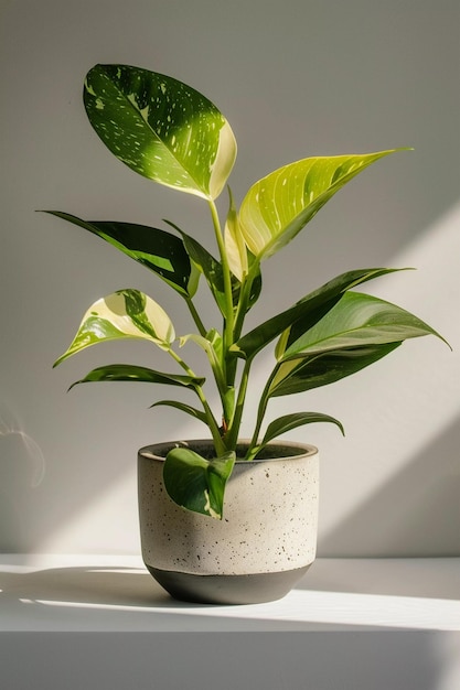 Una planta con hojas verdes está sentada en una mesa