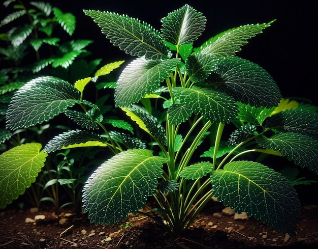 una planta con hojas verdes y fondo negro