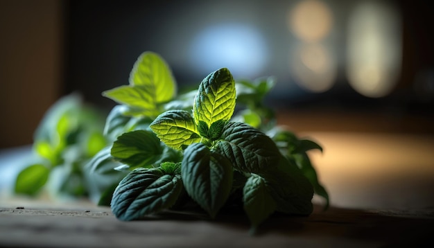 Una planta con hojas verdes y una luz encendida.