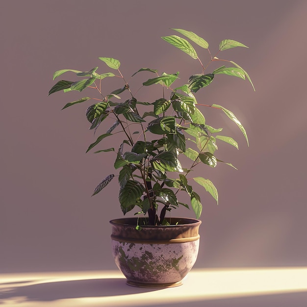 una planta con hojas verdes en una olla en una mesa