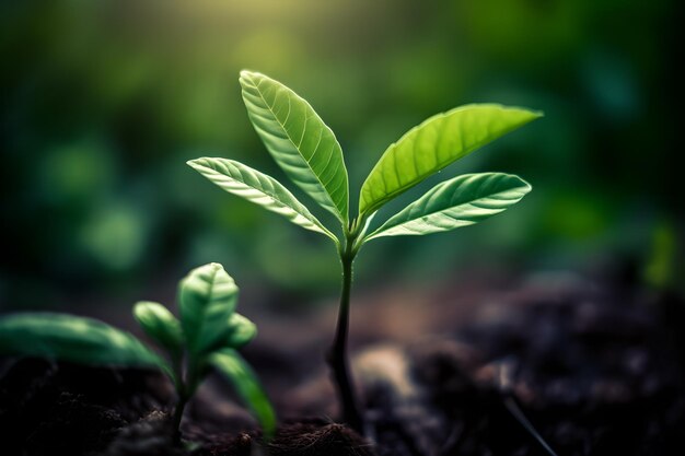 Una planta con hojas verdes que brotan de la parte superior del suelo.