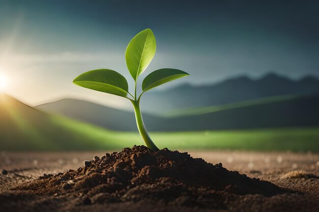 Una planta con hojas verdes que brotan del suelo realista