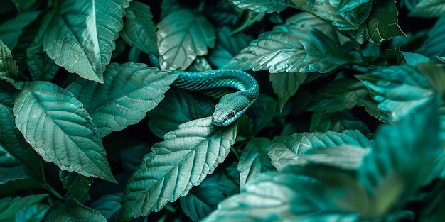 Foto una planta de hojas verdes con una serpiente verde acurrucada en el medio