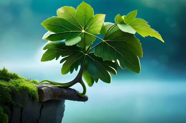 una planta con hojas verdes sobre un palo de madera