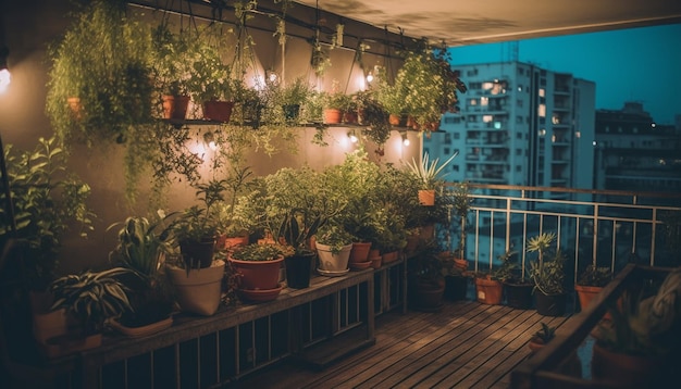 Planta iluminada na varanda cercada pelo crescimento da natureza e pôr do sol gerado por inteligência artificial