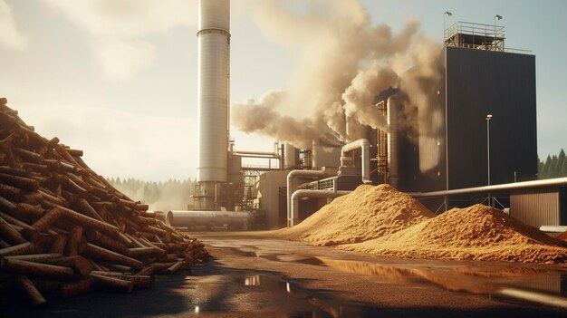 Planta industrial de biogás con tanques de almacenamiento verdes bajo un cielo nublado