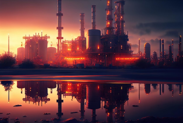 Planta industrial de refinaria de petróleo com natureza e fundo do céu Conceito de negócios e indústria Ilustração de arte digital Generative AI