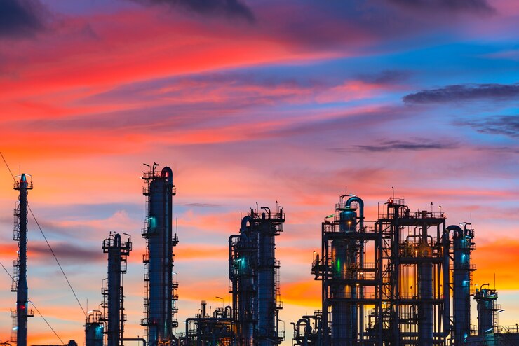 Foto planta industrial no crepúsculo