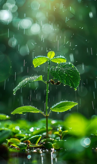 una planta con un insecto en ella y las gotas de lluvia en ella