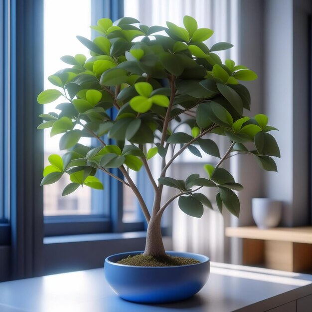 Planta de interior en una maceta con follaje florido sobre un fondo mínimo