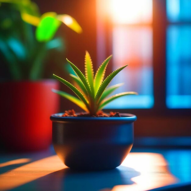 Planta de interior en una maceta con follaje florido sobre un fondo mínimo