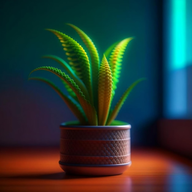 Planta de interior en una maceta con follaje florido sobre un fondo mínimo