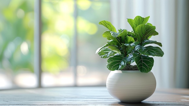 Foto planta de interior en una mesa en una olla de cerámica blanca