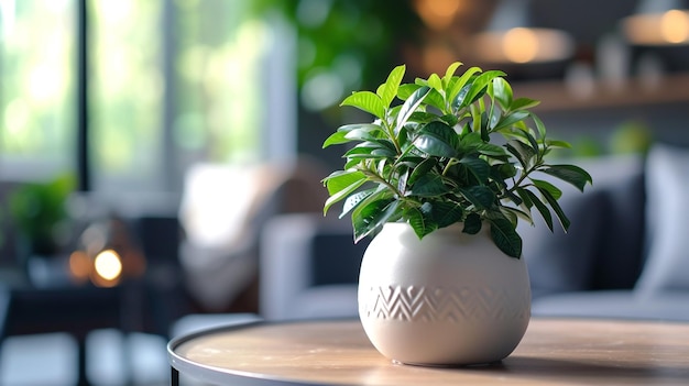 planta de interior en una mesa en una olla de cerámica blanca