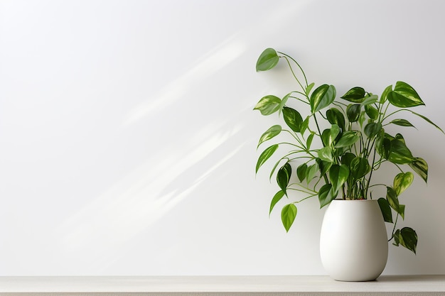 Planta de interior de una planta Pothos en maceta sobre fondo de pared blanca en un día brillante