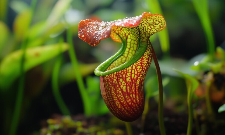 Planta de jarro de humedales tropicales llena de agua de lluvia