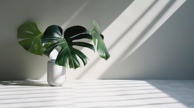 Una planta en un jarrón blanco sobre una mesa blanca con sombras en la pared.