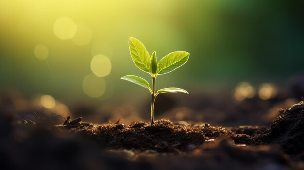 Planta jovem com gota de água à luz solar