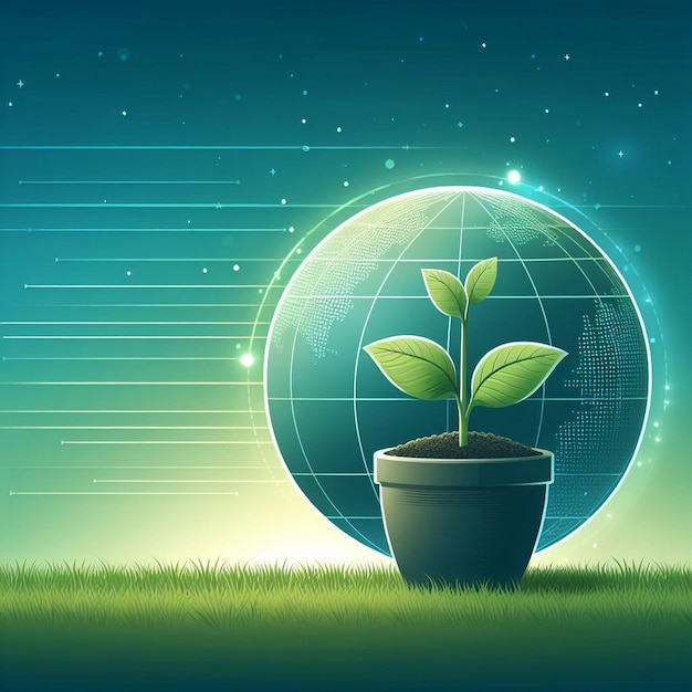 Planta jovem com um planeta globo simbolizando a renovação