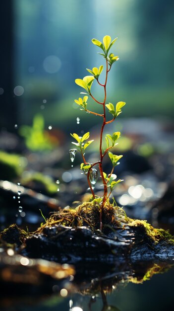 Foto planta jovem crescendo elegantemente com gotas de água à luz solar