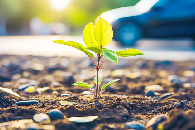 Planta jovem crescendo na cidade Mudas verdes crescendo na estrada no fundo turvo da cidade