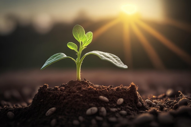 Planta jovem crescendo no chão com o nascer do sol