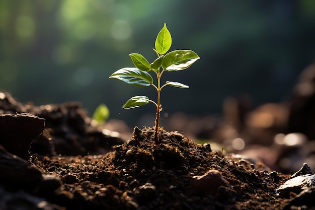 Planta jovem crescendo sob luz solar gerada por IA