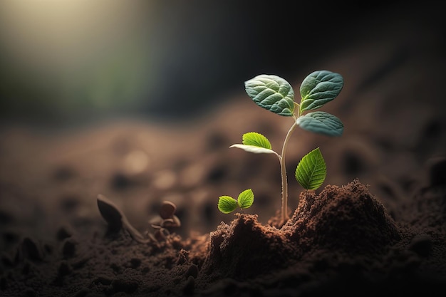 Planta jovem de vida nova ao nascer do sol Salve o conceito de ambiente AI