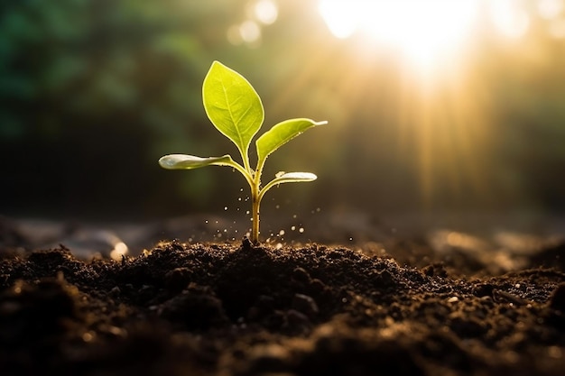 Planta jovem emergindo à luz solar com solo.