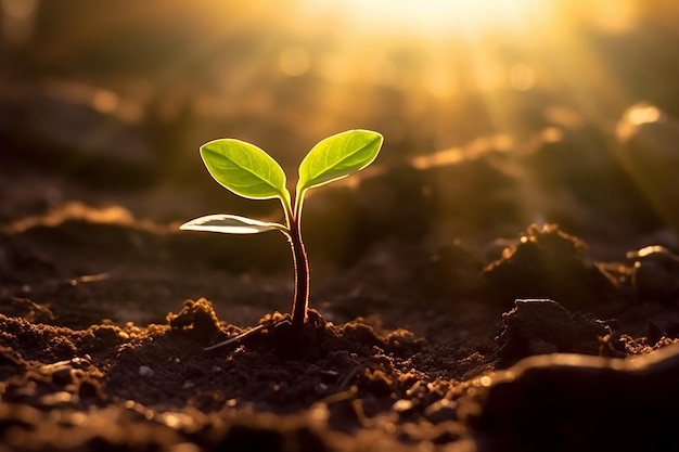 Planta jovem emergindo à luz solar com solo.