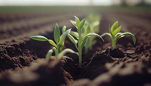 Planta jovem generativa ai crescendo na luz do sol da ilustração fotorrealista macro do solo