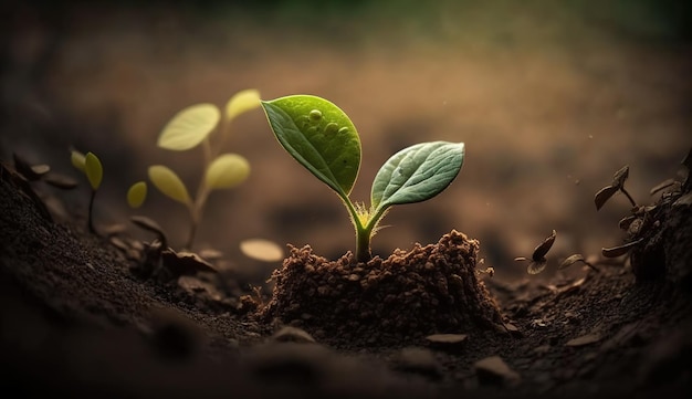 Planta jovem generativa AI crescendo na luz do sol da ilustração fotorrealista macro do solo