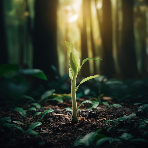 una planta joven en el bosque con el sol detrás de ella