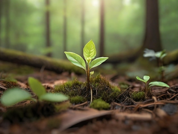 Una planta joven brota del suelo del bosque