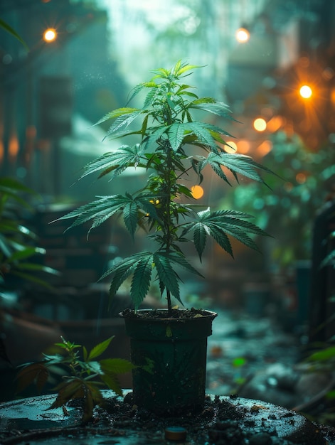 La planta joven de cannabis está creciendo en una olla en el invernadero