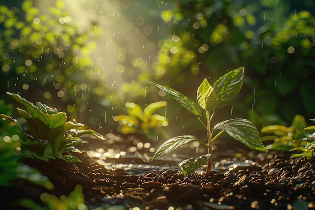 planta joven creciendo en el jardín con luz solar