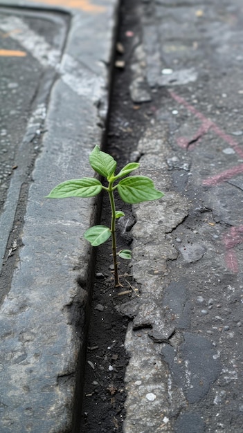 Planta joven creciendo a través de una grieta en el pavimento urbano