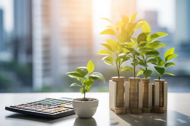 Foto planta joven encima de monedas apiladas en una calculadora que simbolizan el crecimiento de la inversión